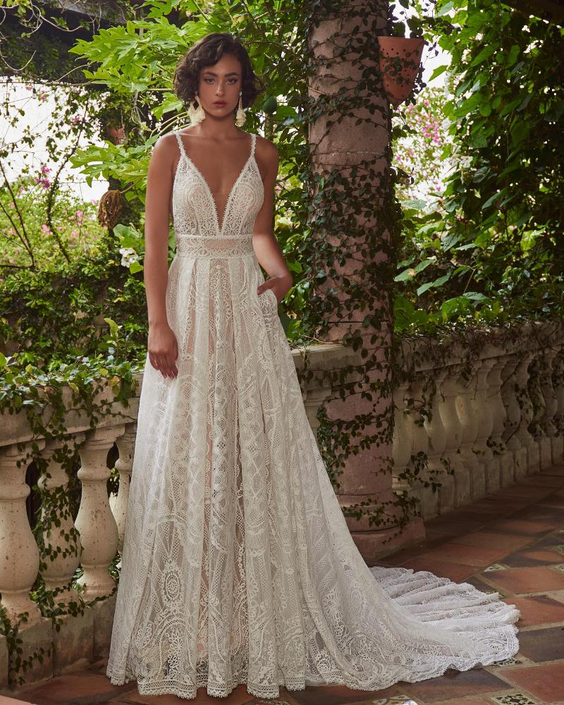 Lp2322 boho lace wedding dress with sleeves and pockets4